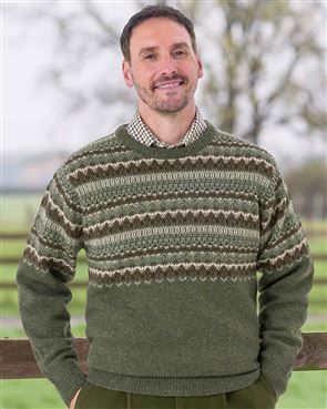 Green Shetland Fairisle Crew Neck Sweater Mens